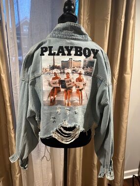 Signature8 Light Blue Distressed Playboy Graphic Denim Jacket